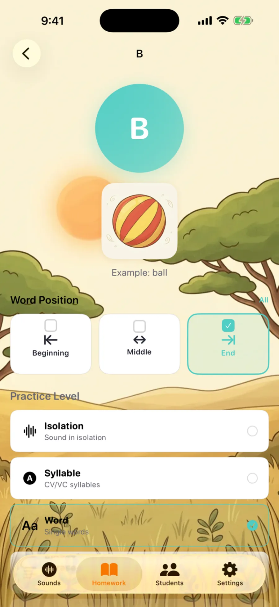 Word position and practice level options