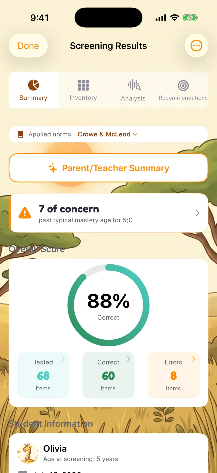 Articulation screener results